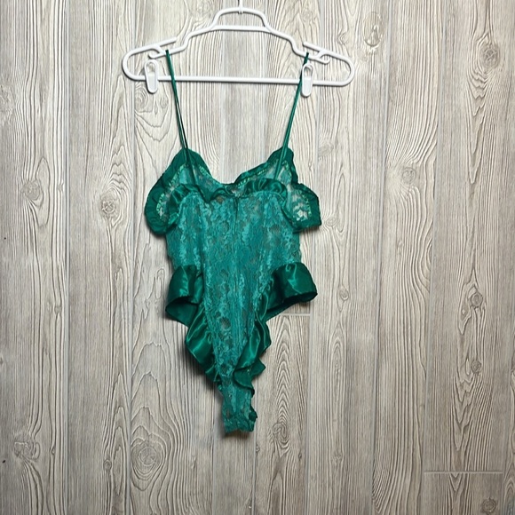 VTG VICTORIA'S SECRET GOLD LABEL GREEN LACE SATIN RUFFLE ONE PIECE TEDDY*XS - Picture 6 of 6